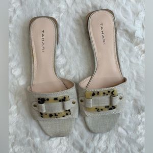 Tahari Lydia Tortoise Shell Buckle Canvas Slides Sandals Size 8.5